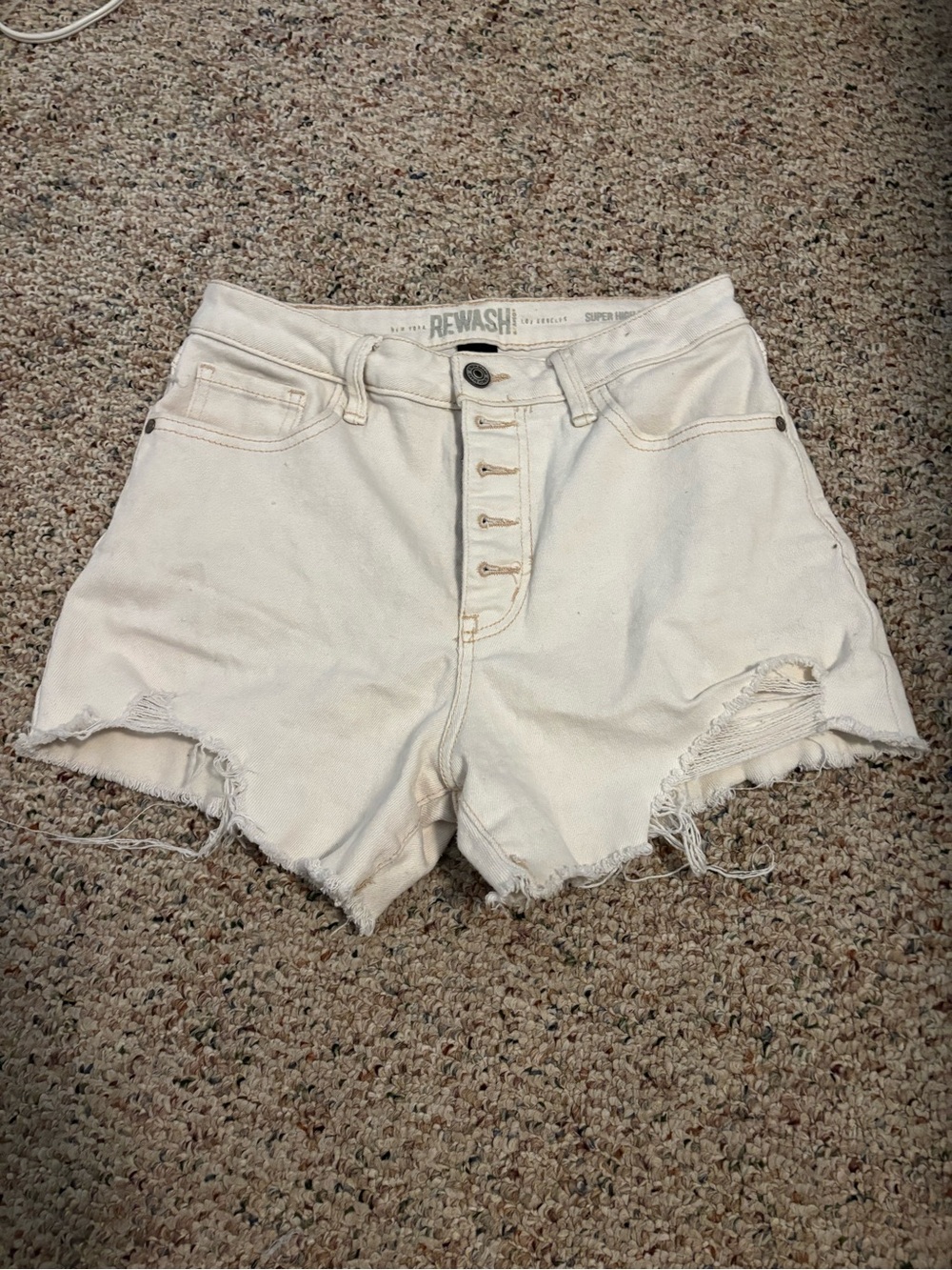 Rewash Cream High-Rise Button-Fly Distressed Denim Shorts